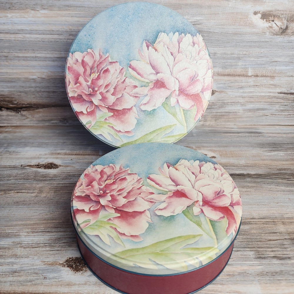 Vintage 1990 Potpourri Press Peonies Round Nesting Tins Set of 2 Pink Floral
